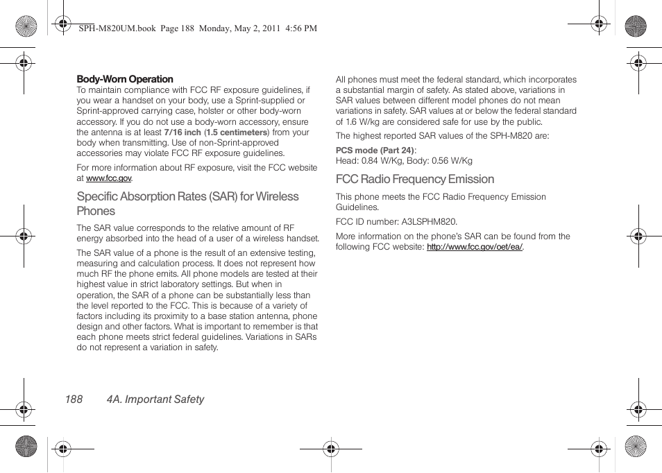 Fcc radio frequency emission | Samsung SPH-M820ZKABST User Manual | Page 202 / 225