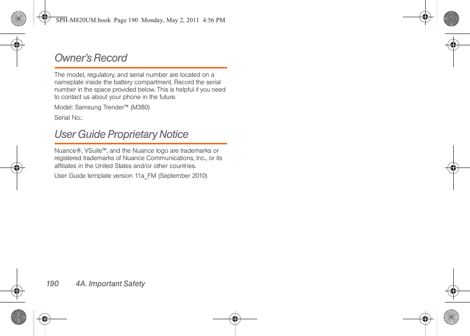 Owner’s record, User guide proprietary notice | Samsung SPH-M820ZKABST User Manual | Page 204 / 225
