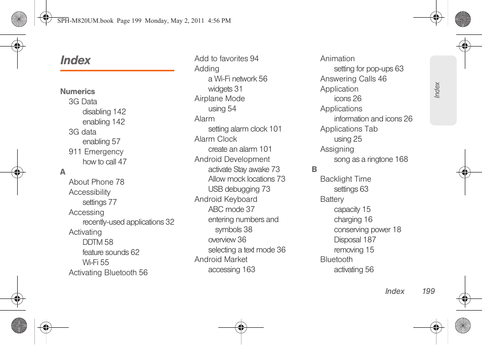 Index | Samsung SPH-M820ZKABST User Manual | Page 214 / 225