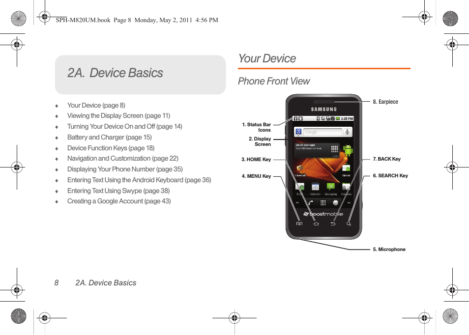 2a. device basics, Your device, Phone front view | 82a. device basics | Samsung SPH-M820ZKABST User Manual | Page 22 / 225
