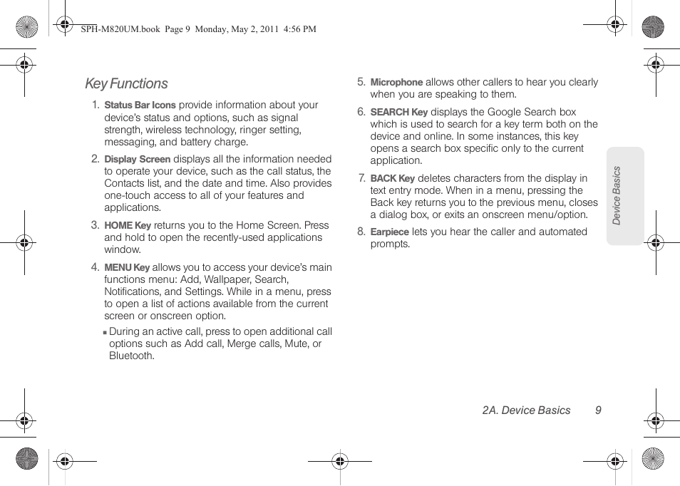 Key functions | Samsung SPH-M820ZKABST User Manual | Page 23 / 225