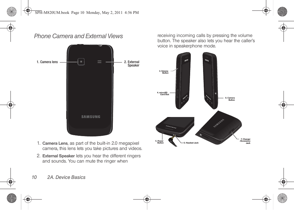 Phone camera and external views, 10 2a. device basics | Samsung SPH-M820ZKABST User Manual | Page 24 / 225