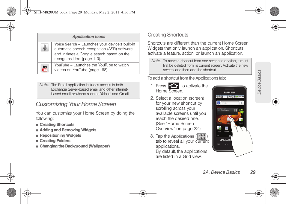 Customizing your home screen | Samsung SPH-M820ZKABST User Manual | Page 43 / 225