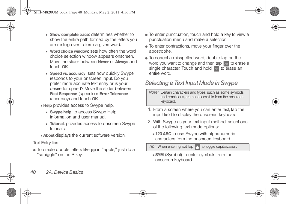 Selecting a text input mode in swype | Samsung SPH-M820ZKABST User Manual | Page 54 / 225