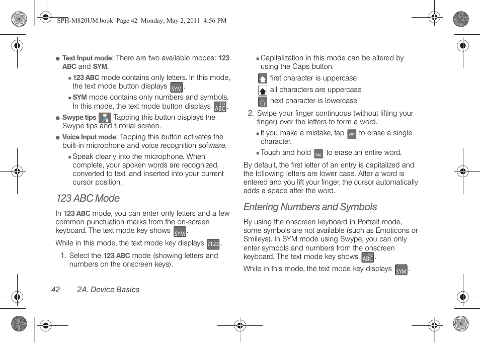 123 abc mode, Entering numbers and symbols | Samsung SPH-M820ZKABST User Manual | Page 56 / 225