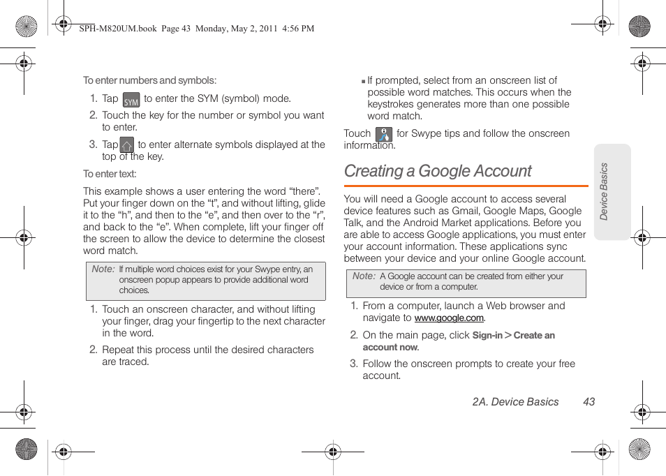 Creating a google account | Samsung SPH-M820ZKABST User Manual | Page 57 / 225