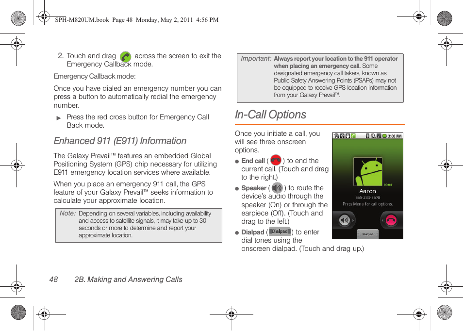 Enhanced 911 (e911) information, In-call options | Samsung SPH-M820ZKABST User Manual | Page 62 / 225