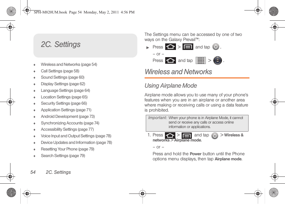 2c. settings, Wireless and networks, Using airplane mode | Samsung SPH-M820ZKABST User Manual | Page 68 / 225