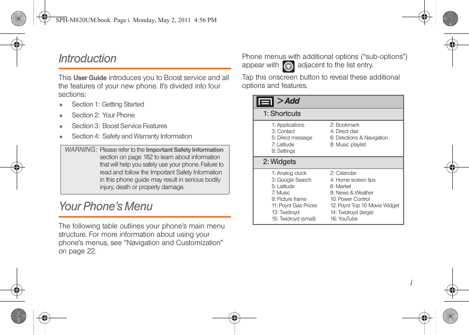 Introduction, Your phone’s menu | Samsung SPH-M820ZKABST User Manual | Page 7 / 225
