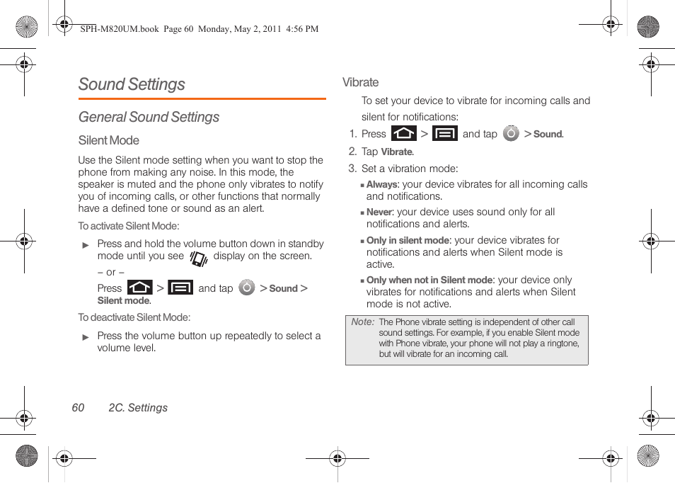 Sound settings, General sound settings | Samsung SPH-M820ZKABST User Manual | Page 74 / 225