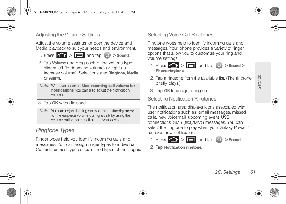 Ringtone types | Samsung SPH-M820ZKABST User Manual | Page 75 / 225