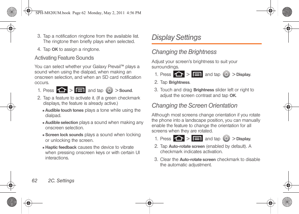 Display settings, Changing the brightness, Changing the screen orientation | Samsung SPH-M820ZKABST User Manual | Page 76 / 225