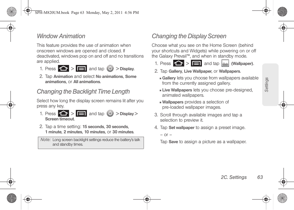 Window animation, Changing the backlight time length, Changing the display screen | Samsung SPH-M820ZKABST User Manual | Page 77 / 225