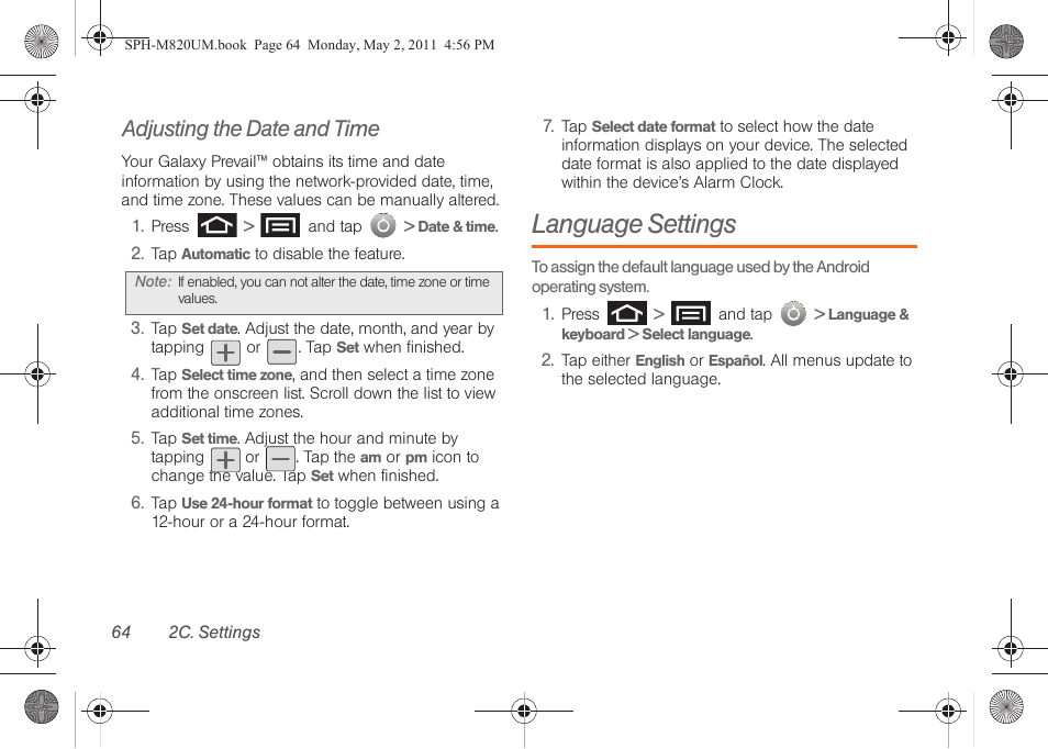 Adjusting the date and time, Language settings | Samsung SPH-M820ZKABST User Manual | Page 78 / 225