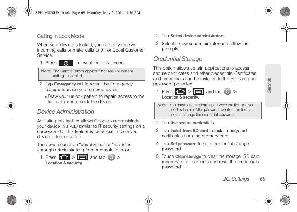 Device administration, Credential storage | Samsung SPH-M820ZKABST User Manual | Page 83 / 225