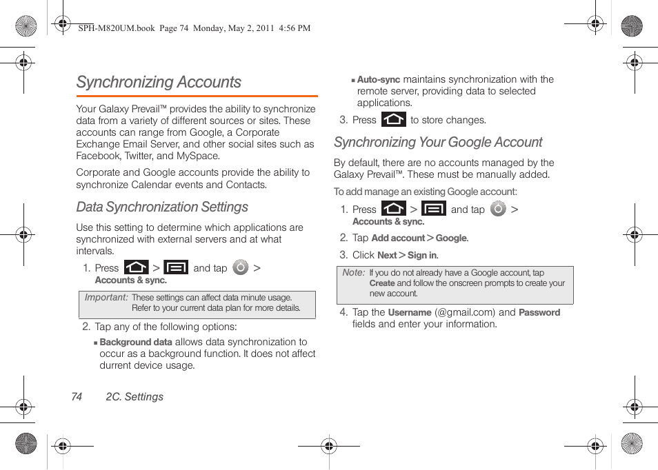 Synchronizing accounts, Data synchronization settings, Synchronizing your google account | Samsung SPH-M820ZKABST User Manual | Page 88 / 225