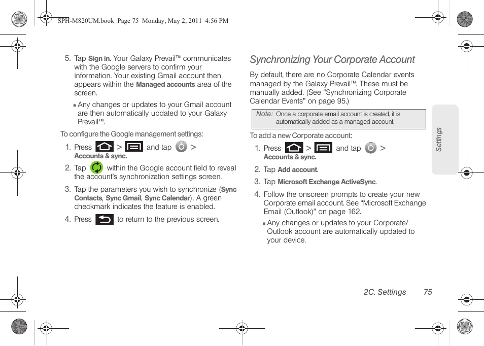 Synchronizing your corporate account | Samsung SPH-M820ZKABST User Manual | Page 89 / 225