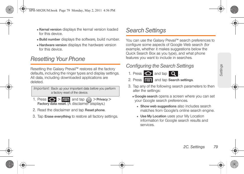 Resetting your phone, Search settings, Configuring the search settings | Samsung SPH-M820ZKABST User Manual | Page 93 / 225