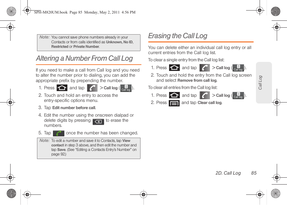 Altering a number from call log, Erasing the call log | Samsung SPH-M820ZKABST User Manual | Page 99 / 225