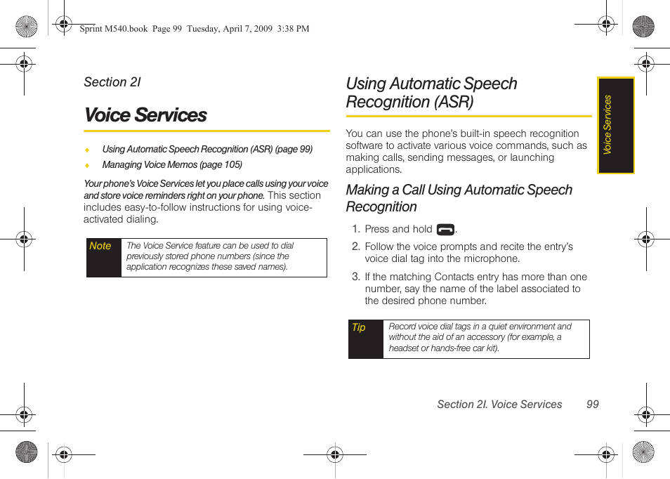 Voice services, Using automatic speech recognition (asr), Making a call using automatic speech recognition | Samsung SPH-M540ZPASPR User Manual | Page 115 / 231