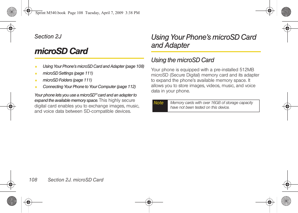 Microsd card, Using your phone’s microsd card and adapter, Using the microsd card | 2j. microsd card, Using your phone’s microsd card, And adapter | Samsung SPH-M540ZPASPR User Manual | Page 124 / 231