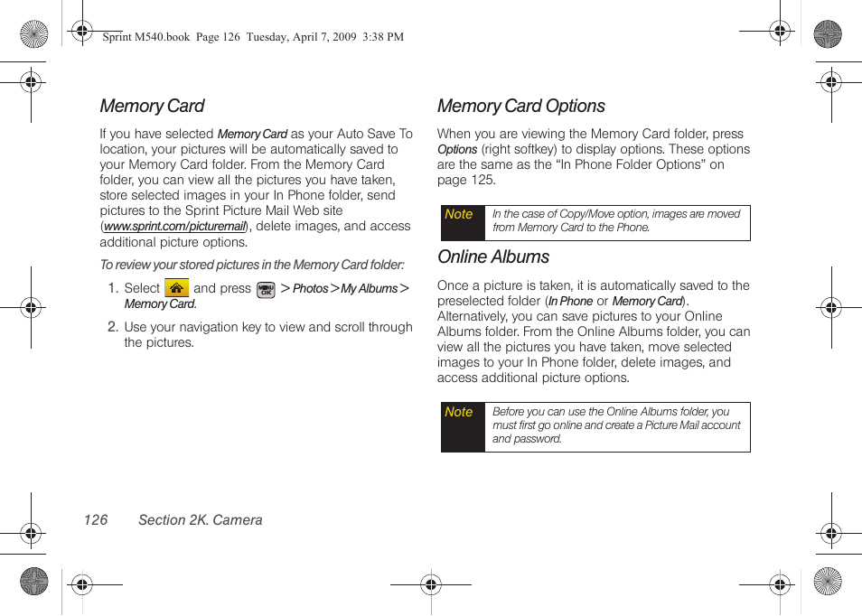 Memory card, Memory card options, Online albums | Samsung SPH-M540ZPASPR User Manual | Page 142 / 231