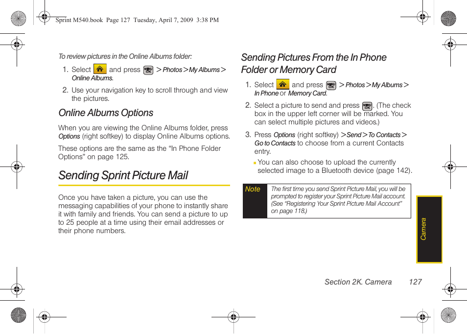 Online albums options, Sending sprint picture mail, See “sending | Samsung SPH-M540ZPASPR User Manual | Page 143 / 231