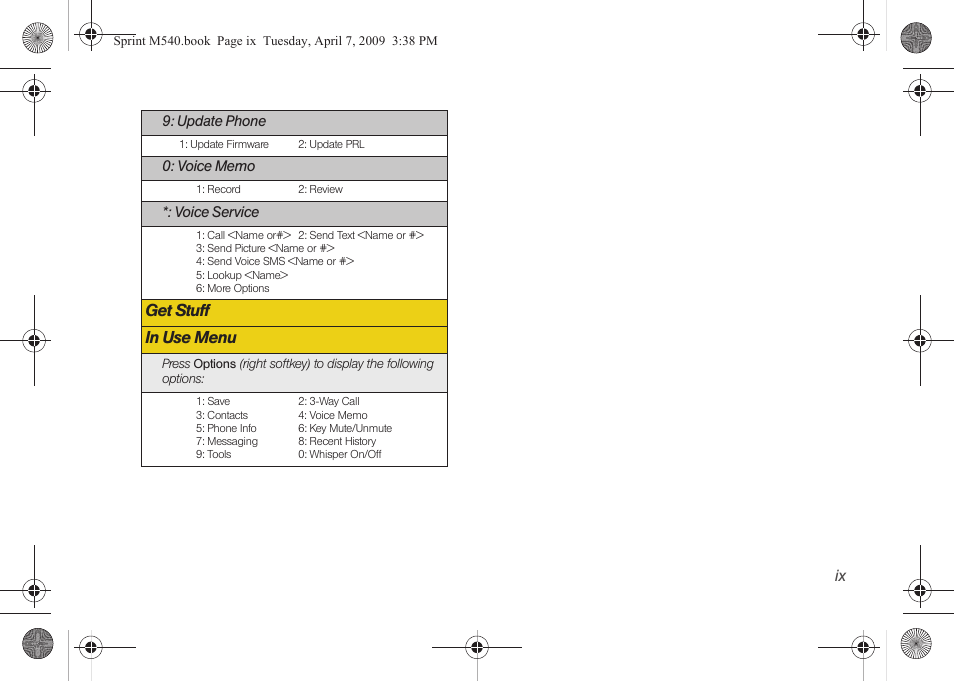 Get stuff in use menu | Samsung SPH-M540ZPASPR User Manual | Page 15 / 231