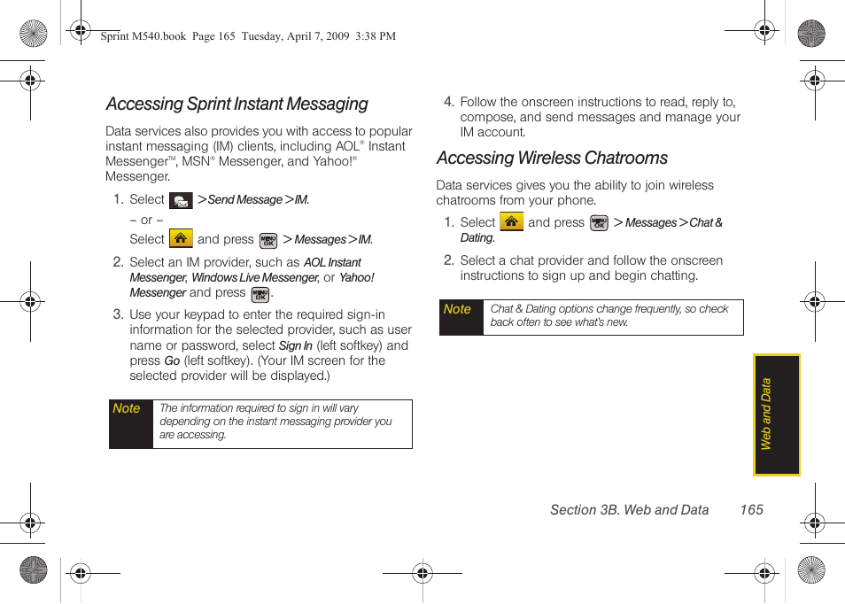 Accessing sprint instant messaging, Accessing wireless chatrooms | Samsung SPH-M540ZPASPR User Manual | Page 181 / 231