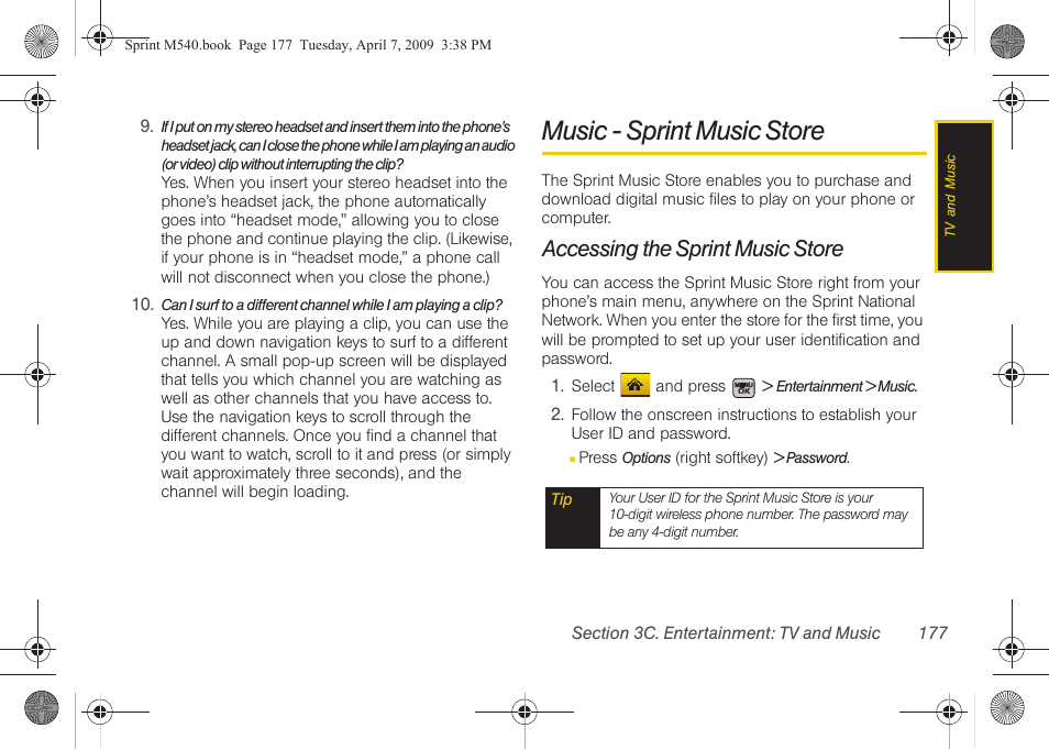 Music - sprint music store, Accessing the sprint music store | Samsung SPH-M540ZPASPR User Manual | Page 193 / 231