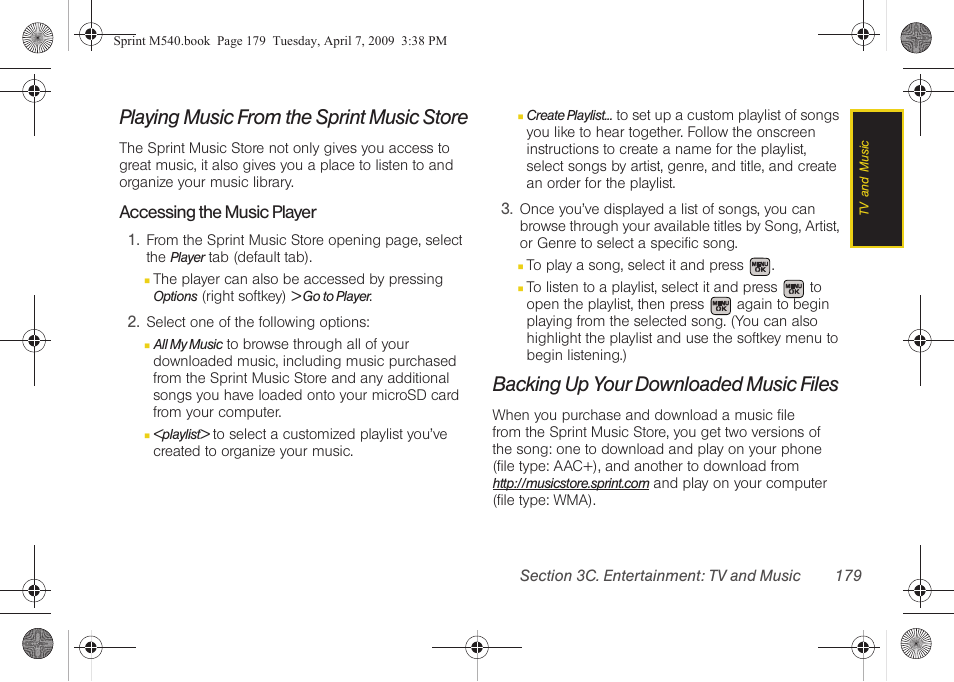 Playing music from the sprint music store, Backing up your downloaded music files | Samsung SPH-M540ZPASPR User Manual | Page 195 / 231
