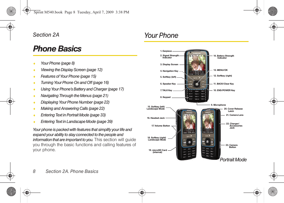 Phone basics, Your phone, 2a. phone basics | Portrait mode | Samsung SPH-M540ZPASPR User Manual | Page 24 / 231