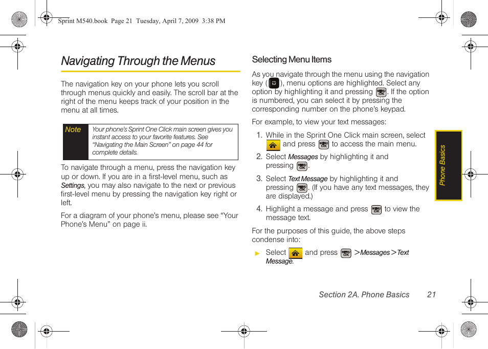 Navigating through the menus | Samsung SPH-M540ZPASPR User Manual | Page 37 / 231