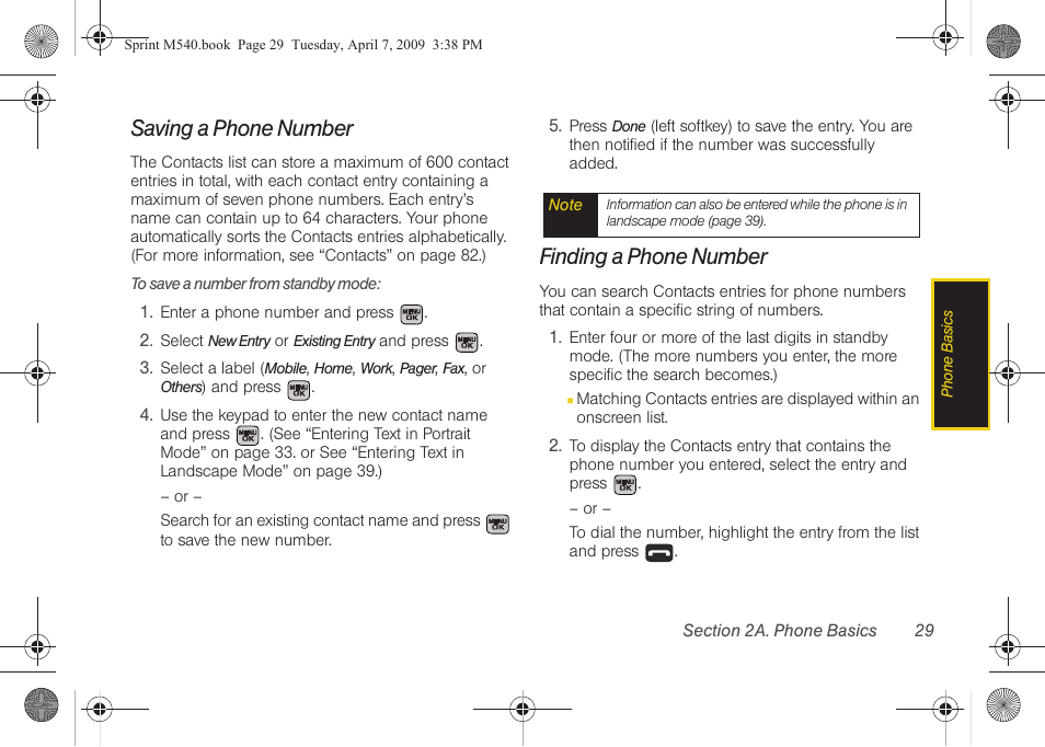 Saving a phone number, Finding a phone number | Samsung SPH-M540ZPASPR User Manual | Page 45 / 231