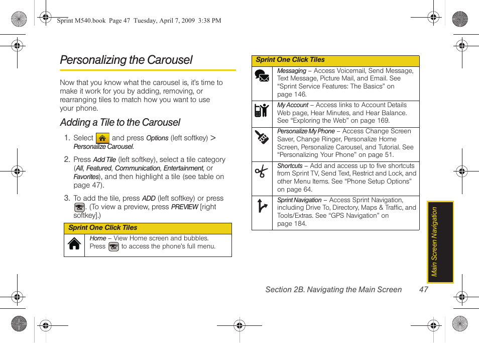 Personalizing the carousel, Adding a tile to the carousel | Samsung SPH-M540ZPASPR User Manual | Page 63 / 231