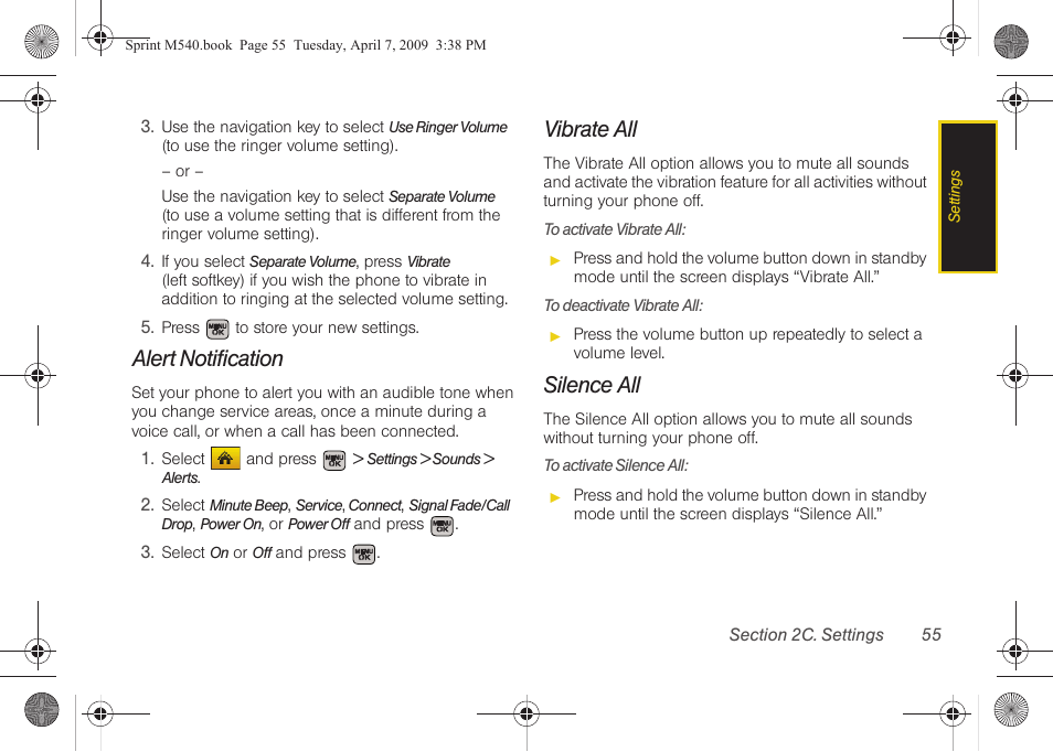 Alert notification, Vibrate all, Silence all | Samsung SPH-M540ZPASPR User Manual | Page 71 / 231