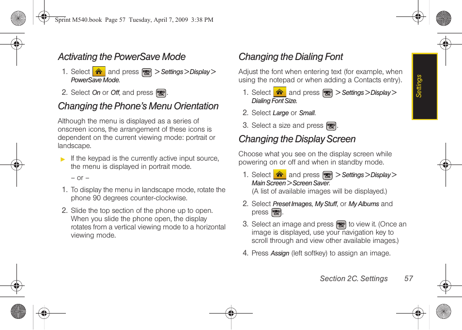 Activating the powersave mode, Changing the phone’s menu orientation, Changing the dialing font | Changing the display screen | Samsung SPH-M540ZPASPR User Manual | Page 73 / 231