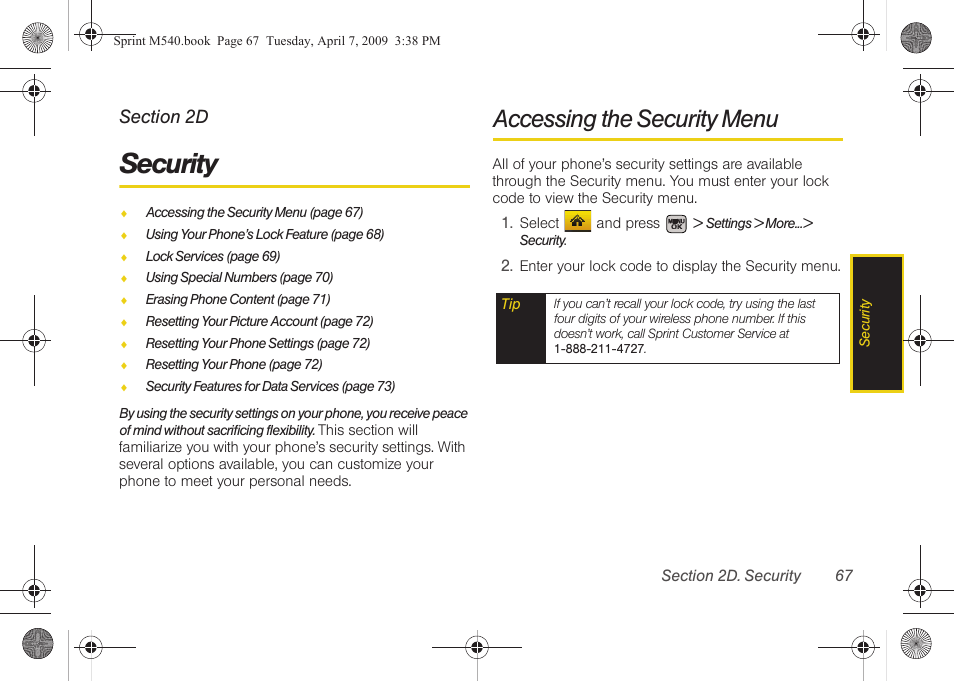 Security, Accessing the security menu, 2d. security | Samsung SPH-M540ZPASPR User Manual | Page 83 / 231