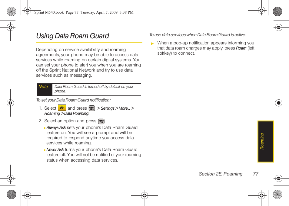 Using data roam guard | Samsung SPH-M540ZPASPR User Manual | Page 93 / 231