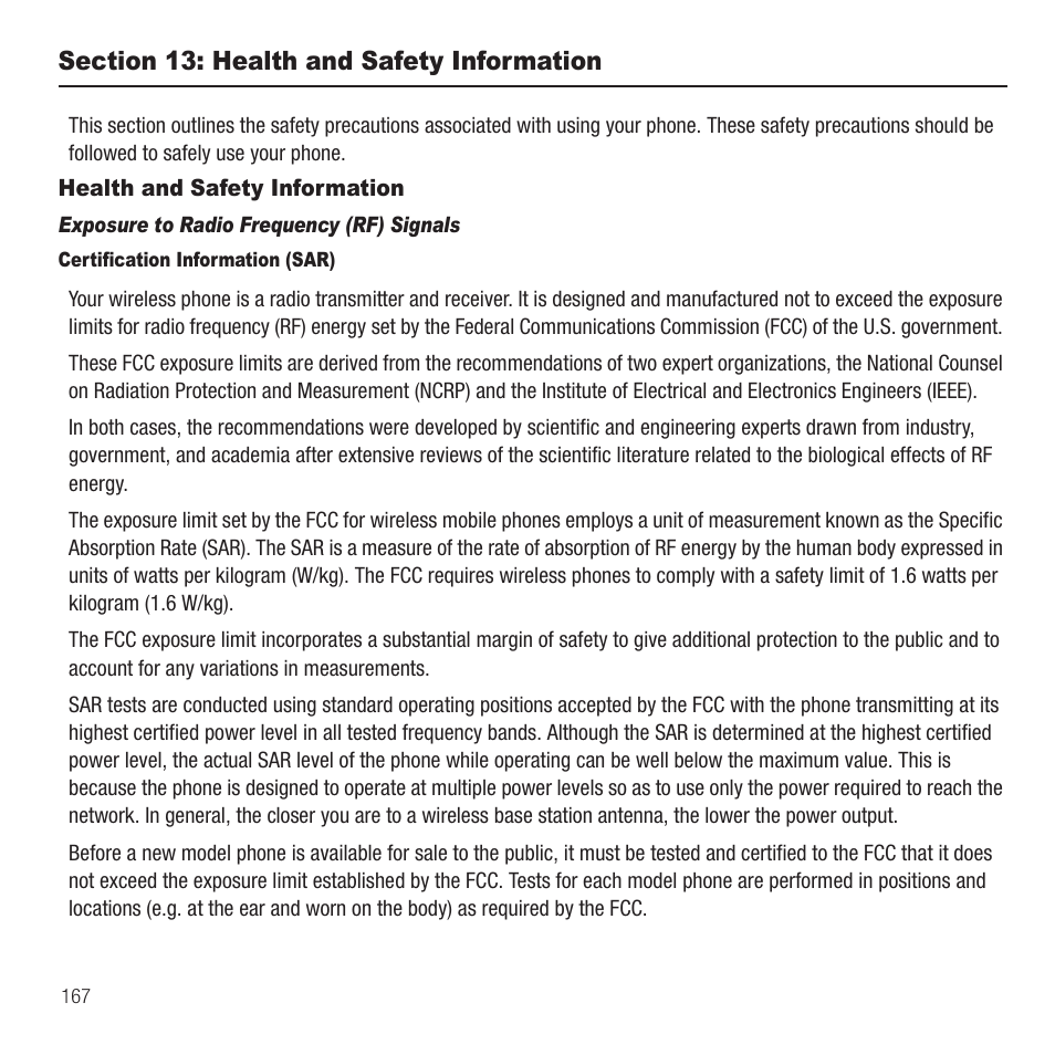 Section 13: health and safety information, Health and safety information | Samsung SGH-T929ZKDTMB User Manual | Page 170 / 200