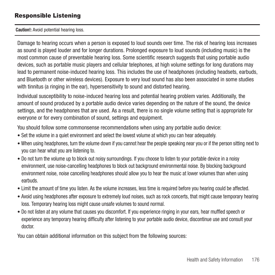 Responsible listening | Samsung SGH-T929ZKDTMB User Manual | Page 179 / 200