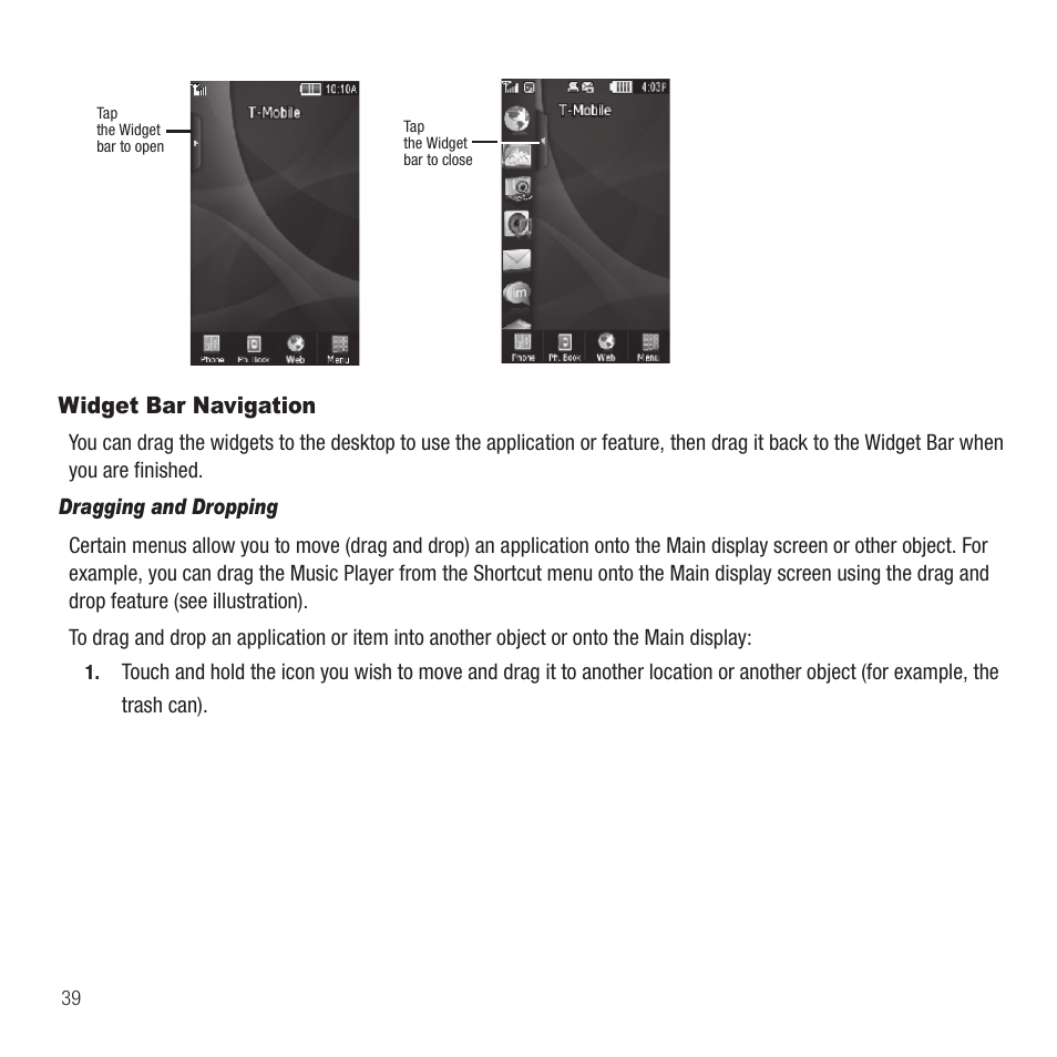 Widget bar navigation | Samsung SGH-T929ZKDTMB User Manual | Page 42 / 200