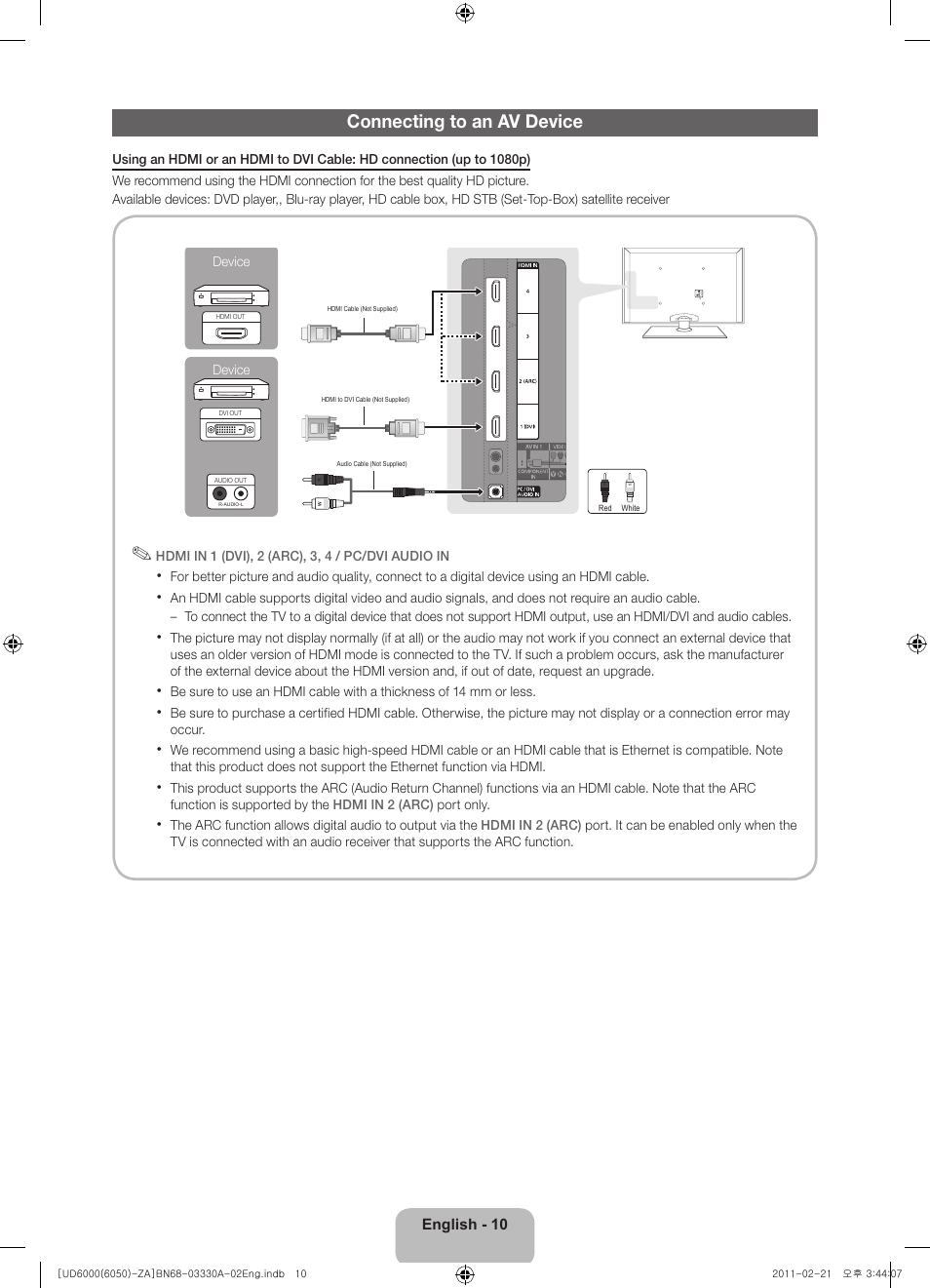 Connecting to an av device | Samsung UN32D6000SFXZA User Manual | Page 10 / 25