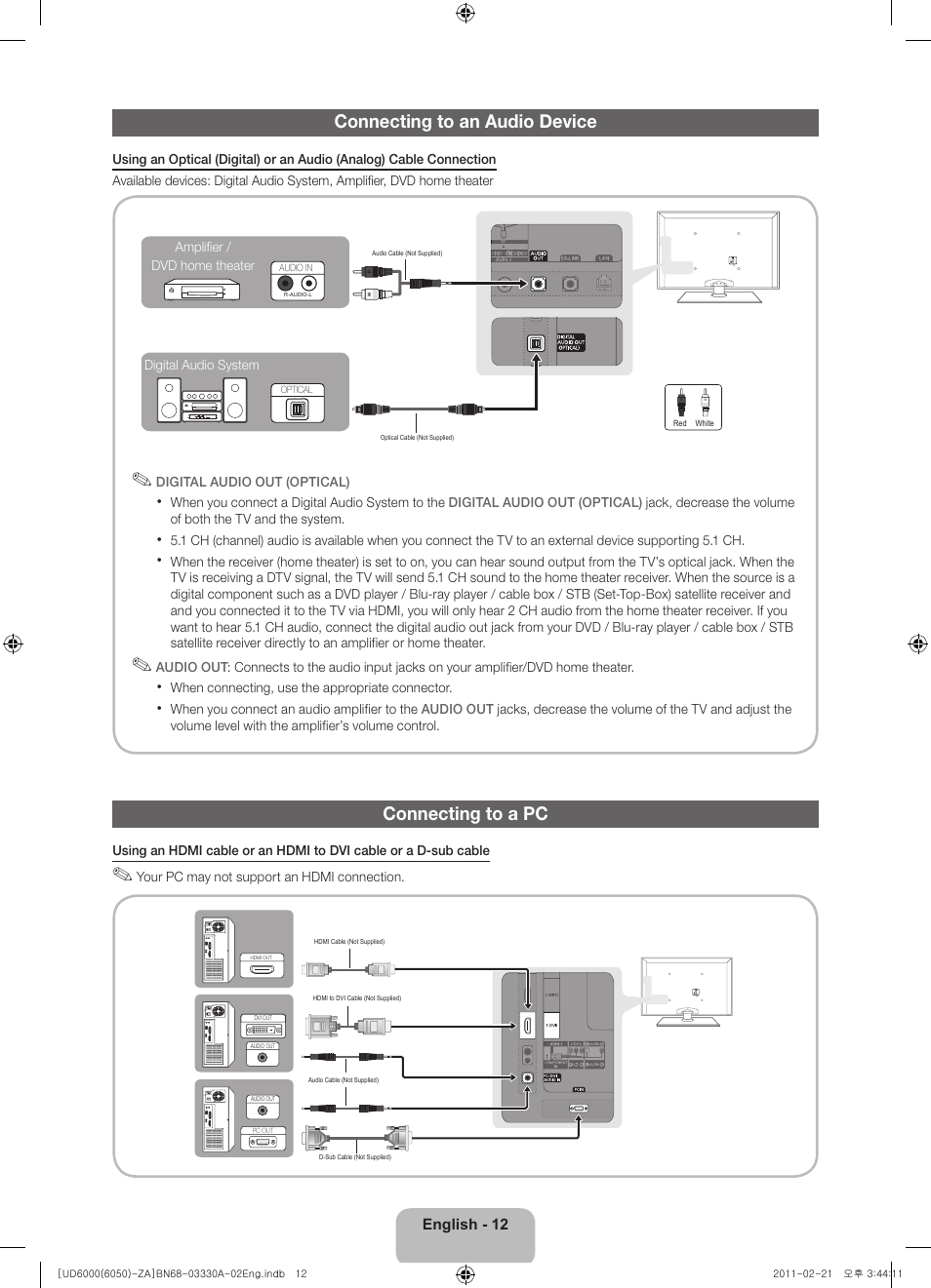 Connecting to an audio device, Connecting to a pc | Samsung UN32D6000SFXZA User Manual | Page 12 / 25