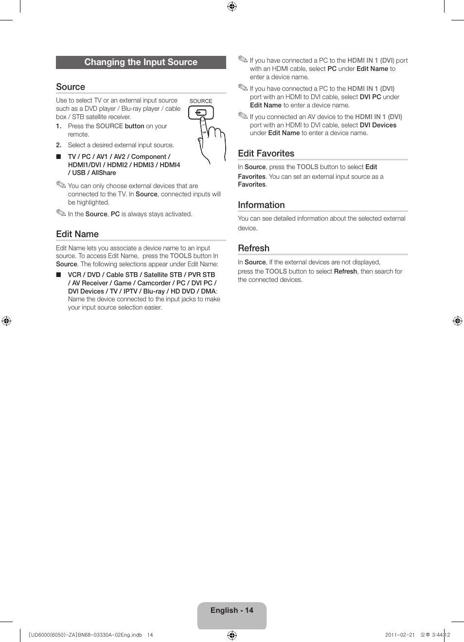 Changing the input source source, Edit name, Edit favorites | Information, Refresh | Samsung UN32D6000SFXZA User Manual | Page 14 / 25