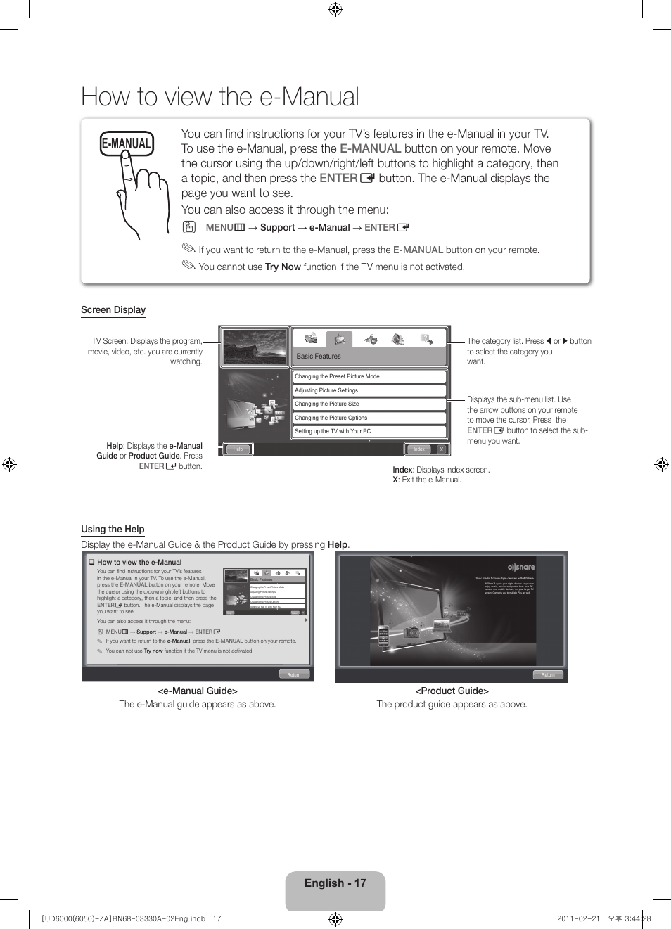 How to view the e-manual, E-manual, English - 17 | Samsung UN32D6000SFXZA User Manual | Page 17 / 25