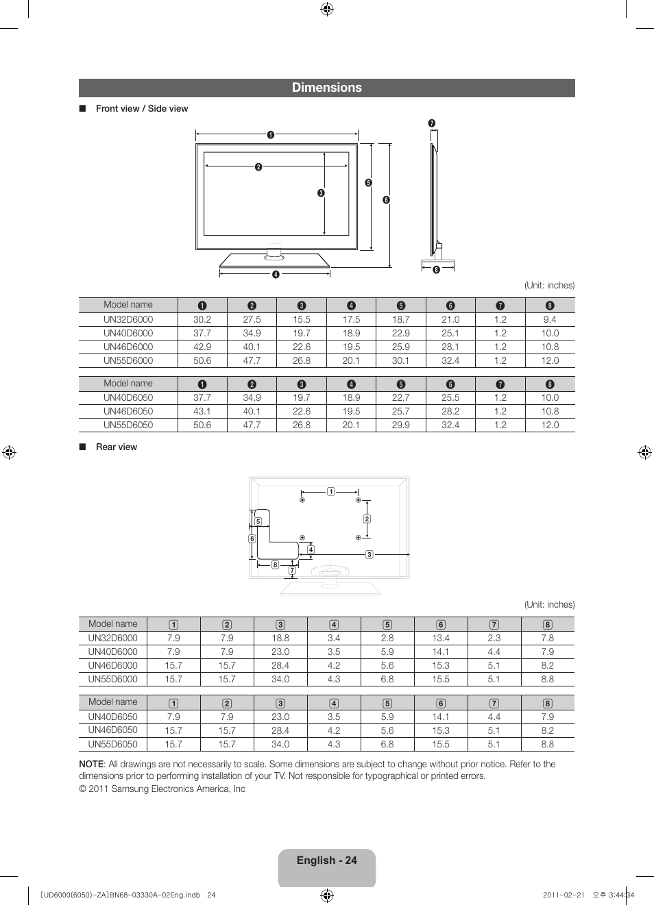 Dimensions | Samsung UN32D6000SFXZA User Manual | Page 24 / 25