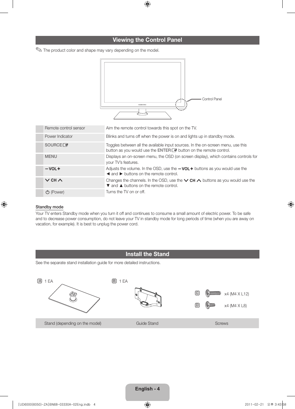 Viewing the control panel, Install the stand | Samsung UN32D6000SFXZA User Manual | Page 4 / 25