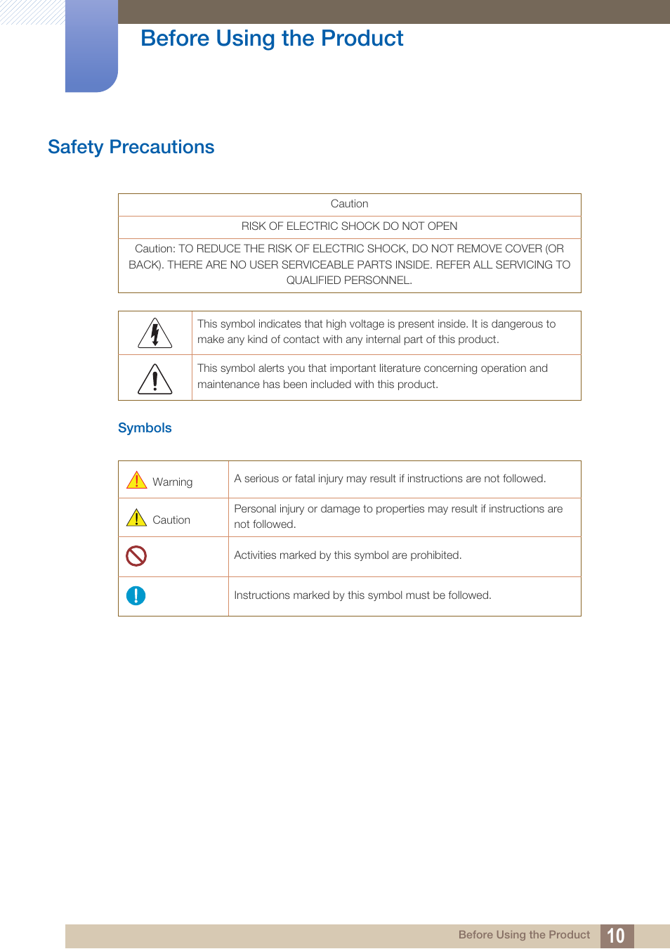 Safety precautions, Symbols, Before using the product | Samsung LS27D390HS-ZA User Manual | Page 10 / 94