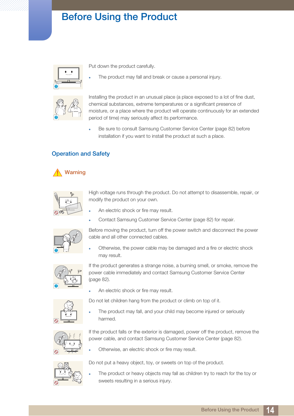 Operation and safety, Before using the product, Warning | Samsung LS27D390HS-ZA User Manual | Page 14 / 94